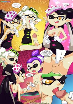 1boy 2girls age_difference agent_3_(splatoon) breasts breasts_out callie_(splatoon) callie_(squid_sisters_outfit)_(splatoon) cousins erection fellatio highres inkling inkling_boy inkling_player_character licking licking_penis marie_(splatoon) marie_(squid_sisters_outfit)_(splatoon) medium_breasts multiple_girls nintendo no_panties non-web_source onee-shota oral palcomix penis penis_grab pussy pussy_rub splatoon_(series) splatoon_1 tagme tentacle_hair testicles