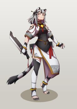 1girl animal_ears anklet asymmetrical_sleeves black_hair black_nails bracelet breasts clothing_cutout facial_mark fingerless_gloves fingernails gloves grey_hair highres holding holding_machete holding_weapon iwainari jewelry machete medium_breasts medium_hair multicolored_hair notched_ear original sharp_fingernails sharp_toenails shoulder_cutout solo stirrup_legwear streaked_hair tail tiger_ears tiger_girl tiger_tail toeless_legwear toenails weapon yellow_eyes