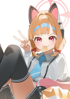 1girl :3 absurdres animal_ear_headphones animal_ears black_skirt black_thighhighs blonde_hair blue_archive blue_necktie blunt_bangs blunt_ends bob_cut bow cat_ear_headphones cat_ears chips_(food) closed_mouth collared_shirt commentary eyelashes fake_animal_ears feet_out_of_frame food food_in_mouth food_on_face frilled_skirt frills hair_bow hair_intakes halo hand_up headphones highres ixia559 knees_up long_sleeves looking_at_viewer miniskirt momoi_(blue_archive) necktie pink_halo pleated_skirt potato_chips red_bow school_uniform shirt sidelocks simple_background sitting skirt smile smug solo tareme thighhighs thighs v v-shaped_eyebrows white_background white_shirt zettai_ryouiki