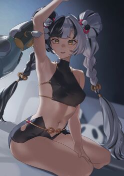 1boy 1girl absurdres aragiken arm_up armpits banyue_(zenless_zone_zero) bare_shoulders black_hair braid braided_twintails breasts chinese_clothes commentary dialyn_(zenless_zone_zero) double_bun hair_bun hair_ornament hand_on_own_thigh highres long_hair looking_at_another mechanical_arms multicolored_hair navel open_mouth panda_hair_ornament sitting sweat two-tone_hair white_hair yellow_eyes zenless_zone_zero