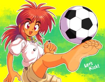 1girl ball barefoot bindi blush blush_stickers copyright_name fang feet female_focus foot_focus highres hood hoodie let's_kick long_hair oyatsu_(mk2) ponytail red_eyes red_hair shorts soccer soccer_ball soles solo source_request spiked_hair tan toes tomboy