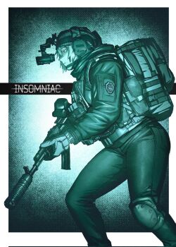 1girl backpack bag ear_protection english_text escape_from_tarkov expressionless from_side gloves green_theme gun hashtag-only_commentary highres holding holding_gun holding_weapon kalashnikov_rifle knee_pads maxturbo69 night_vision_device pants single_knee_pad solo suppressor tactical_clothes tight_clothes tight_pants weapon