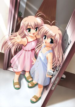 2girls absurdres antenna_hair arm_up armpits blue_dress blue_eyes blush door doorway dress full_body green_eyes hajimete_no_orusuban hallway highres loli long_hair mizuki_saori mizuki_shiori multiple_girls no_panties official_art open_door open_mouth outdoors outstretched_hand pink_dress pink_hair pussy sandals see-through_clothes siblings sin-go sisters smile sundress toes twins