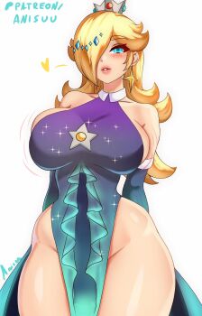 1girl anisdrawn bare_shoulders blonde_hair blue_dress blue_eyes blue_gemstone breasts brooch crown detached_sleeves dress earrings elbow_gloves gem gem_hair_ornament gloves gradient_clothes gradient_dress gradient_gloves hair_over_one_eye highres jewelry large_breasts long_hair looking_at_viewer mario_(series) mario_kart mario_kart_tour mario_kart_world nintendo official_alternate_costume purple_dress rosalina rosalina_(aurora) silver_crown sleeveless sleeveless_dress solo star_(symbol) star_brooch star_earrings super_mario_galaxy upper_body
