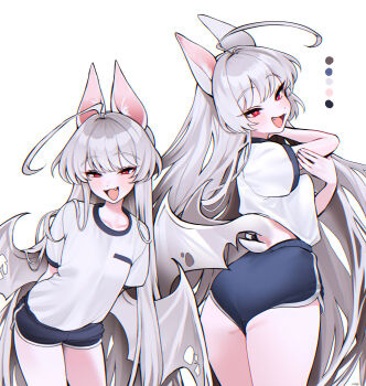 1girl :d absurdres ahoge animal_ear_fluff animal_ears arms_behind_back ass bat_ears bat_girl bat_wings blue_shorts blush bright_pupils collarbone commentary commentary_request cowboy_shot dolphin_shorts english_commentary fang from_behind gym_uniform half-closed_eyes hand_on_own_arm hands_up haze_(7h4ze) highres huge_ahoge long_hair looking_at_viewer mixed-language_commentary multiple_views open_mouth original red_eyes shirt short_shorts short_sleeves shorts simple_background smile standing t-shirt white_background white_hair white_pupils white_shirt white_wings wings
