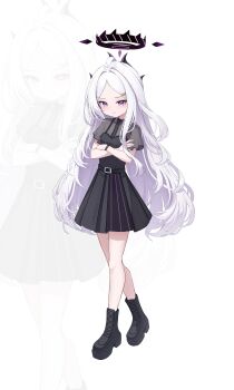 1girl absurdres ahoge black_halo blue_archive blush breasts dlrkdals070707 full_body halo highres hina_(blue_archive) long_hair looking_at_viewer pout purple_eyes simple_background small_breasts solo standing very_long_hair white_background white_hair