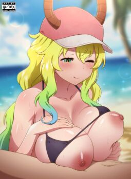 1boy 1girl artist_logo artist_name baseball_cap beach blonde_hair blue_hair blurry blurry_background blush breasts breasts_out closed_mouth collarbone dragon_girl dragon_horns gradient_hair green_eyes green_hair hat hetero highres horns kobayashi-san_chi_no_maidragon large_breasts logo long_hair lucoa_(maidragon) multicolored_hair nipples ohdax one_eye_closed outdoors paizuri palm_tree pink_headwear smile solo_focus sweat tongue tongue_out tree upper_body