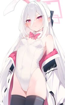 Rule 34 | 1girl, animal ears, black thighhighs, blue archive, bow, bowtie, breasts, commentary request, detached collar, fake animal ears, halo, highres, jacket, kei (blue archive), kei (new body) (blue archive), leotard, long hair, otokuyou, paid reward available, playboy bunny, rabbit ears, small breasts, solo, thighhighs, white background, white hair, white leotard