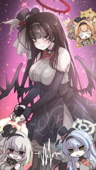 Rule 34 | !, 0 0, 4girls, :o, ahoge, animal ear fluff, animal ears, bare shoulders, black hair, blonde hair, blood, blood halo, blue archive, blue hair, bow, breasts, closed mouth, commentary request, cosplay, dress, elbow gloves, fingerless gloves, flower, frilled dress, frills, gloves, green eyes, hair ornament, hairband, halo, hat, hat flower, highres, idol, komena (shinyday312), large breasts, light blush, liquid halo, long hair, low wings, mari (blue archive), mari (idol) (blue archive), mine (blue archive), mine (idol) (blue archive), multiple girls, official alternate costume, open mouth, pointy ears, red eyes, red halo, sakurako (blue archive), sakurako (idol) (blue archive), shaded face, sleeveless, sleeveless dress, top hat, tsurugi (blue archive), wings, yellow bow, yellow halo