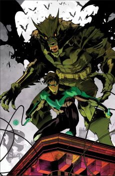 2boys batman batman_(cosplay) batman_(series) black_bodysuit black_hair blue_bodysuit blue_mask bodysuit cosplay dan_mora dc_comics domino_mask eye_mask full_moon highres looking_at_viewer mask moon multicolored_bodysuit multiple_boys night nightwing outdoors sharp_teeth short_hair teeth two-tone_bodysuit werewolf