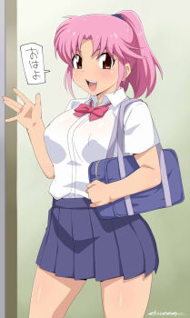 1girl alternate_costume artist_name bow breasts chicago-x dragon_quest dragon_quest_dai_no_daibouken highres looking_at_viewer maam open_mouth pink_bow pink_eyes pink_hair pleated_skirt ponytail school_uniform short_hair skirt smile solo standing waving