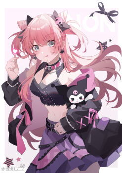 1girl artist_name bang_dream! bare_shoulders belt black_jacket bow breasts chihaya_anon chinese_commentary cleavage commentary_request cone_hair_bun crop_top earrings hair_bow hair_bun heart highres jacket jewelry kuromi long_hair long_sleeves looking_at_viewer medium_breasts midriff navel off_shoulder pantyhose pink_hair purple_skirt skirt smile solo tongue tongue_out two_side_up yinranluo
