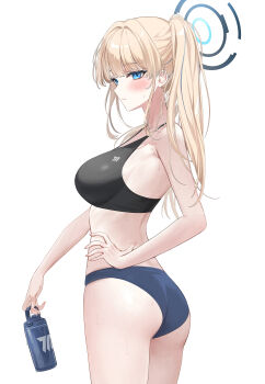 1girl absurdres alternate_costume ass bare_arms bare_shoulders black_sports_bra blonde_hair blue_archive blue_buruma blue_eyes bottle breasts buruma cowboy_shot crop_top from_side halo hand_on_own_hip hibiwa highres holding holding_bottle large_breasts long_hair looking_at_viewer midriff multicolored_hair simple_background sleeveless solo sports_bra standing streaked_hair sweat thighs toki_(blue_archive) twintails very_long_hair white_background