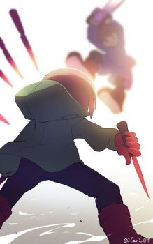 2girls alternate_universe arms_up bad_id bad_pixiv_id battle black_pants blue_shirt blue_shorts blurry blurry_background boots brown_boots brown_hair chainsaw chara_(undertale) coat dappled_sunlight facing_another fighting_stance frisk_(undertale) gloves green_coat holding holding_chainsaw holding_knife knife lari-lab light_particles long_sleeves looking_at_another midair multiple_girls open_clothes open_coat pants red_boots red_gloves shirt shorts smile smoke storyshift sunlight undertale utdr_(toby_fox) white_background