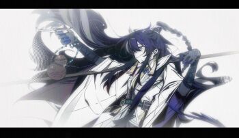 1boy 66167e3d arknights beads black_border black_eyes black_gloves black_hair blue_eyes border coat collared_shirt gloves heterochromia highres holding holding_weapon hong_lu_(project_moon) horns limbus_company long_hair looking_to_the_side male_focus necktie project_moon rectangular_earrings shirt simple_background solo to_remain_oneself_(e.g.o) upper_body weapon white_background white_coat white_shirt yellow_necktie