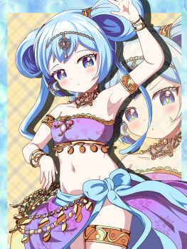 1girl absurdres anklet armlet armpits bandeau bare_shoulders blue_eyes blue_hair blush bracelet collarbone dancer double_bun hair_bun harem_outfit hatuyuki_1017 highres jewelry looking_at_viewer midriff navel necklace ongeki solo standing strapless suzushima_arisu tube_top zoom_layer