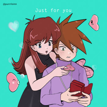 Rule 34 | 1boy, 1girl, absurdres, ahoge, aqua background, bare arms, bare shoulders, black dress, blue eyes, blue oak, blush, breasts, brown hair, clenched teeth, curled fingers, dress, embarrassed, english text, eyelashes, gen 3 pokemon, green (pokemon), green eyes, hands up, happy, happy valentine, highres, hug, hug from behind, jewelry, long hair, long sleeves, looking down, luvdisc, medium breasts, medium hair, necklace, nintendo, no gloves, parted lips, pokemon, pokemon (creature), pokemon adventures, purrrloin, shirt, short dress, sidelocks, simple background, sleeveless, sleeveless dress, spiked hair, standing, teeth, tight clothes, tight dress, turtleneck, turtleneck dress, turtleneck shirt, upper body