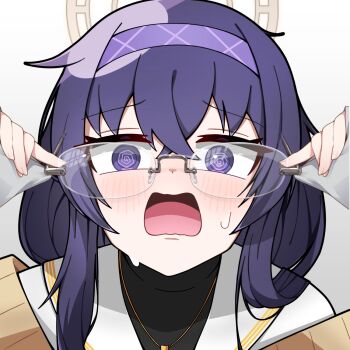 1girl @_@ adjusting_eyewear blue_archive blush brown_cardigan brown_halo cardigan commentary_request furrowed_brow glasses halo hands_up highres jewelry long_sleeves manli necklace open_mouth purple_eyes purple_hair rimless_eyewear sailor_collar simple_background sleeves_past_wrists solo sweat ui_(blue_archive) upper_body white_background white_sailor_collar