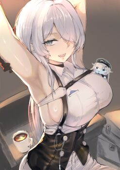 1girl absurdres armpits arms_up black_corset blue_eyes brid_(nikke) brid_(silent_track)_(nikke) chest_harness coffee_mug collared_shirt commentary_request corset cup dress_shirt from_above gloves goddess_of_victory:_nikke hair_over_one_eye half_gloves harness highres long_hair looking_at_viewer mug open_mouth oval_blue pants shirt sideless_shirt skindentation sleeveless sleeveless_shirt solo stretching tight_clothes tight_pants white_hair white_pants white_shirt