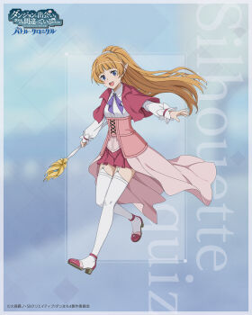 1girl :d blonde_hair blue_eyes collared_shirt commentary_request copyright_logo copyright_name copyright_notice corset danmachi_battle_chronicle dungeon_ni_deai_wo_motomeru_no_wa_machigatteiru_darou_ka elf floating_hair full_body garter_belt high_heels highres holding holding_staff lefiya_viridis logo long_sleeves mage_staff miniskirt official_art open_mouth pink_skirt pleated_skirt pointy_ears ponytail second-party_source shirt skirt smile solo staff teeth thighhighs upper_teeth_only walking white_shirt white_thighhighs