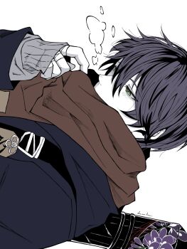 1boy blue_hair blue_jacket breath covered_mouth green_eyes hashtag-only_commentary highres jacket kenmochi_touya layered_sleeves looking_down lu_lu_zzz male_focus nijisanji red_scarf scarf short_hair sideways simple_background sleeves_past_wrists solo virtual_youtuber white_background