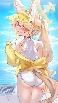 1girl absurdres animal_ear_fluff animal_ears ass back bare_shoulders blonde_hair blue_archive blush extra_ears forehead fox_ears hair_over_one_eye halo hat highres jacket klash loli long_hair long_sleeves looking_at_viewer looking_back off_shoulder one-piece_swimsuit parted_bangs pool seia_(blue_archive) seia_(swimsuit)_(blue_archive) side_ponytail sidelocks smile solo sunglasses swimsuit tail thighs tinted_eyewear visor_cap white_one-piece_swimsuit yellow-tinted_eyewear yellow_eyes yellow_hat yellow_jacket