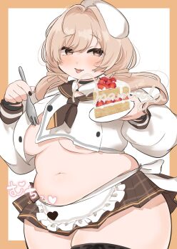 Rule 34 | 1girl, apron, artist name, ascot, belly, beret, black nails, black thighhighs, blush, bready (nikke), breasts, brown eyes, brown hair, brown skirt, cake, cake slice, candy, choker, crop top, etoile amamiya, food, fork, goddess of victory: nikke, hair over shoulder, hair ribbon, hat, heart, highres, holding, holding food, holding fork, holding plate, large breasts, light brown hair, lollipop, low twintails, medium hair, midriff, miniskirt, muffin top, navel, plate, plump, revealing clothes, ribbon, shirt, sideboob, skirt, solo, standing, strawberry shortcake, thick thighs, thighhighs, thighs, tongue, tongue out, twintails, white hat, white shirt, wristband