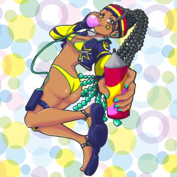1girl :o ass bikini black_hair breasts brown_eyes chewing_gum colored_tips crop_top ctdlordorx83207 dark-skinned_female dark_skin hairband highleg highleg_bikini highres jacket jumping kimberly_jackson long_hair multicolored_hair official_alternate_costume open_clothes open_jacket quad_braids shiny_skin skindentation solo standing street_fighter street_fighter_6 swimsuit thighs very_dark_skin yellow_bikini