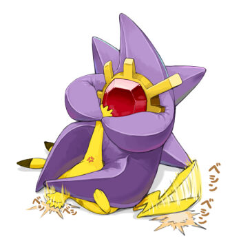 armbar colored_skin gem gen_1_pokemon holding lilac_(p-f_easy) long_legs mega_pokemon mega_starmie nintendo no_eyes no_humans pikachu pokemon pokemon_(creature) pokemon_focus purple_skin red_gemstone simple_background starfish starmie submission_hold tap_out white_background wrestling