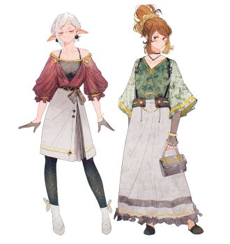 2girls arm_warmers asimov_(spindle_(aidenr0)) bag belt black_belt black_bra black_gloves black_pantyhose black_shoes black_suspenders black_trim blue_eyeliner blush boots bra bracelet brown_eyes brown_hair brown_ribbon circle_print circlet closed_eyes closed_mouth collarbone commentary earrings elf english_commentary eyeliner eyeshadow flats front_slit gloves gold_bracelet gold_circlet gold_trim green_shirt grey_arm_warmers grey_bag grey_belt half_gloves handbag high_ponytail highres holding holding_bag jewelry long_skirt looking_to_the_side makeup medium_hair mesh multiple_girls multiple_necklaces necklace off-shoulder_shirt off_shoulder original ottilie_(spindle_(aidenr0)) pantyhose parted_lips pointy_ears polka_dot polka_dot_scrunchie pom_pom_(clothes) ponytail puffy_short_sleeves puffy_sleeves red_eyeshadow red_scrunchie red_shirt ribbon scrunchie see-through_arm_warmers see-through_clothes see-through_shirt shirt shoes short_hair short_sleeves simple_background skirt smile spindle_(aidenr0) swept_bangs underwear v-neck white_background white_boots white_hair white_shoes white_skirt white_sleeves wide_sleeves yellow_scrunchie