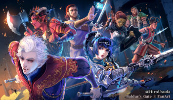 Rule 34 | 3girls, 4boys, armor, astarion, axe, baldur's gate, baldur's gate 3, battle axe, beard, black eyes, black gloves, black hair, black horns, braid, breastplate, brown hair, closed mouth, colored skin, commentary request, copyright name, dagger, dark-skinned male, dark skin, demon horns, dual wielding, dungeons & dragons, elf, facial hair, fangs, gale (baldur's gate), gauntlets, gith (d&amp;d), gloves, green skin, halsin, highres, holding, holding axe, holding dagger, holding knife, holding weapon, horns, karlach, knife, lae'zel, long hair, long sleeves, magic, multicolored hair, multiple boys, multiple girls, muscular, muscular female, pale skin, pointy ears, ponytail, puffy sleeves, red eyes, red skin, shadowheart (baldur's gate), shield, short hair, smile, streaked hair, sword, tiefling, twitter username, usuda hiro, vampire, weapon, white hair, wyll (baldur's gate)