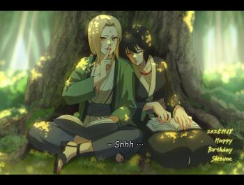 2girls black_hair black_kimono blonde_hair book character_name commentary_request crossed_legs dated facial_mark finger_to_mouth forehead_mark full_body green_jacket hair_between_eyes happy_birthday highres jacket japanese_clothes kimono korean_commentary looking_at_viewer may_c multiple_girls naruto_(series) open_book open_clothes open_jacket outdoors pants red_nails seiza shizune_(naruto) sitting sleeping tree tree_shade tsunade_(naruto) under_tree
