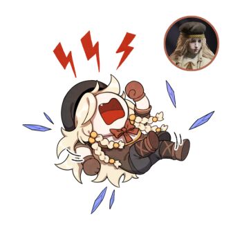 1girl beret black_hat black_pants blonde_hair bow braid brown_gloves brown_jacket brown_shoes chibi donar0217 elden_ring elden_ring_nightreign fang gloves hat jacket lightning_bolt_symbol long_hair low_twin_braids lying official_alternate_costume on_back open_mouth pants red_bow revenant_(elden_ring) shards shoes simple_background solo tantrum twin_braids white_background