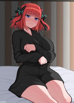 1girl afrobull bathrobe bed black_ribbon blue_eyes blunt_bangs blush breasts go-toubun_no_hanayome hair_ornament hair_ribbon highres large_breasts looking_at_viewer nakano_nino on_bed ribbon short_hair sitting solo thighs two_side_up