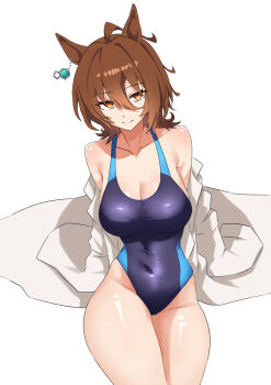 1girl absurdres agnes_tachyon_(umamusume) ahoge animal_ears anok7456 breasts brown_hair collarbone competition_swimsuit covered_navel hair_between_eyes highres horse_ears horse_girl large_breasts looking_at_viewer one-piece_swimsuit short_hair simple_background sitting solo swimsuit thighs umamusume white_background
