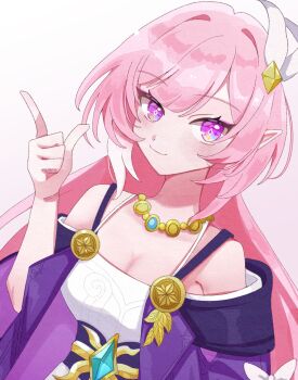 1girl bare_shoulders breasts cleavage coat cyrene_(aedes_elysiae)_(honkai:_star_rail) cyrene_(honkai:_star_rail) cyrene_(ripples_of_past_reverie)_(honkai:_star_rail) diamond-shaped_pupils diamond_(shape) dress hair_ornament hashtag-only_commentary highres honkai:_star_rail honkai_(series) jewelry large_breasts long_hair looking_at_viewer mirari_ill multicolored_hair necklace pink_hair purple_coat purple_eyes self_cosplay simple_background smile solo symbol-shaped_pupils two-tone_hair very_long_hair white_background white_dress white_hair