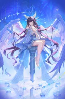 1girl absurdres angel_wings bare_shoulders barefoot bird black_hair bow bowtie closed_eyes closed_mouth columbina_(genshin_impact) column commentary_request crossed_wrists dress eye_mask facing_viewer feathered_wings full_body genshin_impact gradient_hair hair_ribbon head_wings highres light_smile long_hair manyu_chapaofan mask multicolored_hair multiple_wings pillar pink_hair ribbon sitting solo very_long_hair white_bird white_bow white_bowtie white_dress white_mask white_wings wings