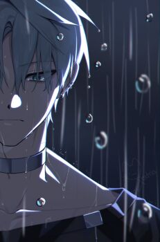 1boy alien_stage black_shirt choker closed_mouth collarbone commentary crying crying_with_eyes_open english_commentary frown highres looking_down male_focus portrait rain shirt solo tears till_(alien_stage) wet wet_hair xestria