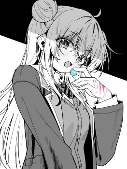 1girl absurdres ahoge blood blood_on_hands blush bow candy cardigan collared_shirt commentary english_commentary food green_tea_(matchaistasty) hair_bun hand_up happy_sugar_life highres holding holding_candy holding_food jacket konpeitou long_hair looking_at_viewer matsuzaka_satou mixed-language_commentary open_mouth shaded_face shirt sidelocks single_side_bun spot_color striped_bow