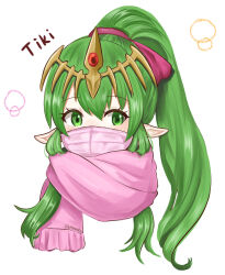 Rule 34 | 1girl, character name, commentary request, eyelashes, fire emblem, fire emblem: mystery of the emblem, green eyes, green hair, high ponytail, highres, long hair, mask, mouth mask, nintendo, otokajife, pink scarf, pointy ears, scarf, simple background, solo, tiara, tiki (fire emblem), tiki (young) (fire emblem), upper body, white background