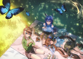 3girls animal_ears bag black_shorts blue_choker blue_eyes blue_hair blue_ribbon blue_shirt blush breasts brown_hair bug butterfly cake casual cheval_grand_(casual)_(umamusume) cheval_grand_(umamusume) choker closed_mouth clothing_cutout collarbone commentary dappled_sunlight ear_covers ears_through_headwear food grass green_hoodie hair_between_eyes hair_ribbon hat heart heart_necklace highres holding holding_food holding_sandwich hood hood_down hoodie horse_ears horse_girl horse_tail insect jewelry lap_pillow large_breasts long_hair long_sleeves looking_up lying midriff multicolored_hair multiple_girls navel necklace on_back open_mouth outdoors parted_lips picnic picnic_blanket purple_eyes rang_c ribbon ring sandwich seiza shirt shorts shoulder_cutout single_ear_cover sitting skirt smile streaked_hair sunlight symbol-only_commentary tail twintails umamusume v_sisters verxina_(casual)_(umamusume) verxina_(umamusume) vivlos_(casual)_(umamusume) vivlos_(umamusume) white_hair