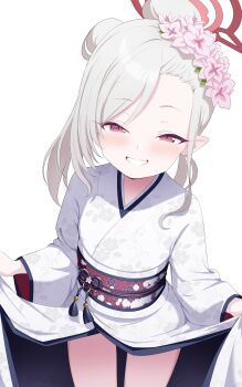 1gen_sinkun 1girl asymmetrical_bangs blue_archive blush commentary flower grey_hair hair_bun hair_flower hair_ornament half-closed_eyes halo highres japanese_clothes kimono looking_at_viewer mutsuki_(blue_archive) mutsuki_(new_year)_(blue_archive) obi official_alternate_costume pointy_ears sash simple_background smile solo thighs white_background white_kimono