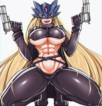 1girl abs beelstarmon black_coat black_pants black_vest breasts coat cropped_vest digimon digimon_(creature) dual_wielding eye_mask finger_on_trigger full_body gun holding holding_gun holding_weapon large_breasts mask muscular muscular_female onihara1024 open_clothes open_coat pants purple_eyes simple_background solo third_eye underboob vest weapon white_background
