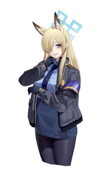 1girl animal_ear_fluff animal_ears black_gloves black_jacket black_pantyhose blonde_hair blue_archive blue_eyes blue_halo blue_necktie blue_shirt blue_skirt clenched_teeth collared_shirt commentary_request dog_ears dog_girl extra_ears fujisawa_sorao gloves hair_over_one_eye halo highres jacket kanna_(blue_archive) long_hair necktie open_clothes open_jacket pantyhose partial_commentary sharp_teeth shirt skirt solo teeth