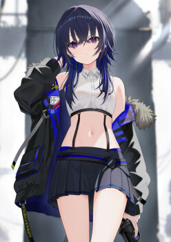 1girl armpit_peek bare_shoulders belt black_hair black_jacket black_skirt blue_hair buttons closed_mouth collared_shirt commentary controller crop_top fur_trim game_controller hand_up highres holding holding_controller holding_game_controller ichinose_uruha ichinose_uruha_(4th_costume) jacket long_hair long_sleeves looking_at_viewer loose_belt midriff miniskirt multicolored_hair navel off_shoulder official_alternate_costume open_clothes open_jacket pleated_skirt purple_eyes shirt skirt sleeveless sleeveless_shirt solo stomach streaked_hair suspenders telu_(teluscarlet) thighs vspo! white_shirt