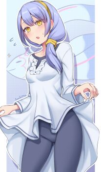 1girl black_leggings blush dress elefee familiar fish grey_hair hairband highres izumi_(under_night_in-birth) leggings long_hair open_mouth side_ponytail soukitsu under_night_in-birth under_night_in-birth_2_sys:celes white_dress yellow_eyes yellow_hairband