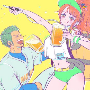 1boy 1girl :q alcohol alternate_costume arm_up bare_shoulders barrel baseball_uniform beer beer_glass belt blush closed_eyes closed_mouth commentary_request cowboy_shot cup earrings food-themed_hair_ornament fruit_hair_ornament green_hair green_shorts hair_ornament high_ponytail highres holding holding_cup jewelry long_hair looking_at_viewer midriff nami_(one_piece) navel nem_edogawa one_piece open_mouth orange_eyes orange_hair orange_hair_ornament outstretched_arm pearl_earrings ponytail roronoa_zoro shirt short_hair shorts shoulder_tattoo sportswear tattoo tongue tongue_out white_shirt yellow_background yellow_belt