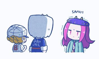 3boys aqua_jacket baseball_cap baseball_uniform belt blonde_hair blue_bodysuit bodysuit chibi chibi_only closed_mouth commentary_request emporio_alnino fur-trimmed_sleeves fur_hat fur_trim hat highres horned_hat jacket jojo_no_kimyou_na_bouken kasasagi_(hinagi) long_hair multiple_boys narciso_anasui open_mouth pink_eyes pink_hair purple_hat red_belt romaji_text shirt short_hair short_sleeves sportswear sweatdrop trembling vento_aureo weather_report white_background white_fur white_hat white_shirt
