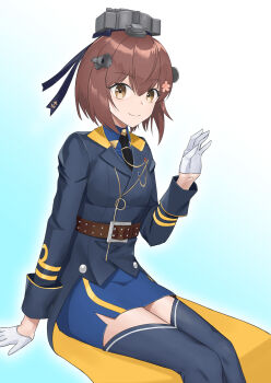 Rule 34 | 1girl, anchor symbol, belt, black necktie, blue background, blue bow, blue coat, blue shirt, blue skirt, boots, bow, brown eyes, coat, collared shirt, commentary request, cosplay, double-parted bangs, flower, gloves, gotland (kancolle), gotland (kancolle) (cosplay), gradient background, hair between eyes, hair flower, hair ornament, headgear, highres, kantai collection, looking at viewer, medium hair, necktie, pencil skirt, pink flower, radar hair ornament, shirt, sidelocks, simple background, sitting, skirt, smile, solo, thigh boots, white background, white gloves, yuki 4040, yukikaze (kancolle)
