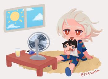 1boy akinashi_haru bangs_held_back blue_shirt blue_shoes blue_shorts blush character-themed_food chibi commentary drink eating electric_fan english_commentary food glass highres hot indoors layered_shirt male_focus melting mitsunba popsicle red_eyes saihate_eki shirt shoes shorts solo summer sweat table tatsunami_shion tongue tongue_out watermelon_slice_print white_hair wind window